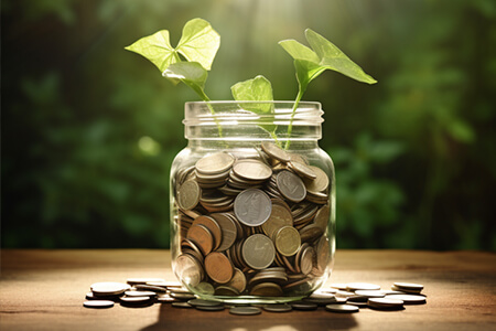 Et glas med småpenge og en lille plante i toppen - fundraising af midler giver nye projekter.